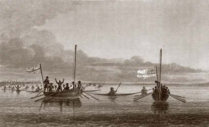 1826年7月7日、ショールウォーターベイのボートに向かうエスキモー、ジョンフランクリン卿（1786-1847）による「1825年から27年の北極海の海岸への2番目の遠征の物語」の刻印